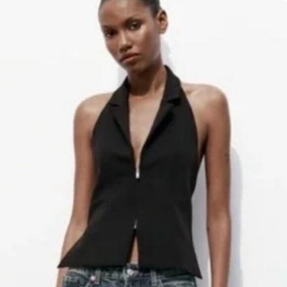 NWOT Zara Halter Top Woman's sz S Open Back Tuxedo Lapels Black Party - Picture 10 of 12